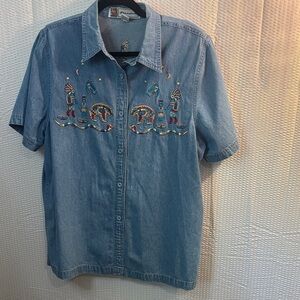 Passion Slim Women's Blue Embroidered Denim Blouse